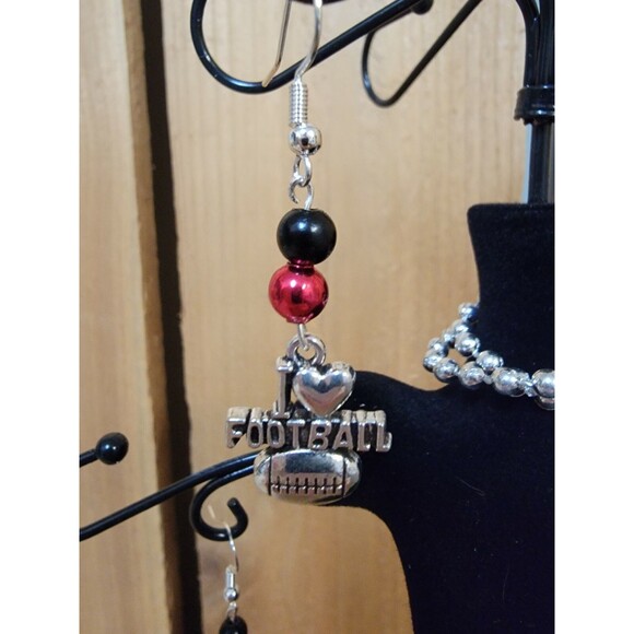 UGA University of Georgia SEC Handcrafted I Love Football Earrings Red And Black - Picture 3 of 3